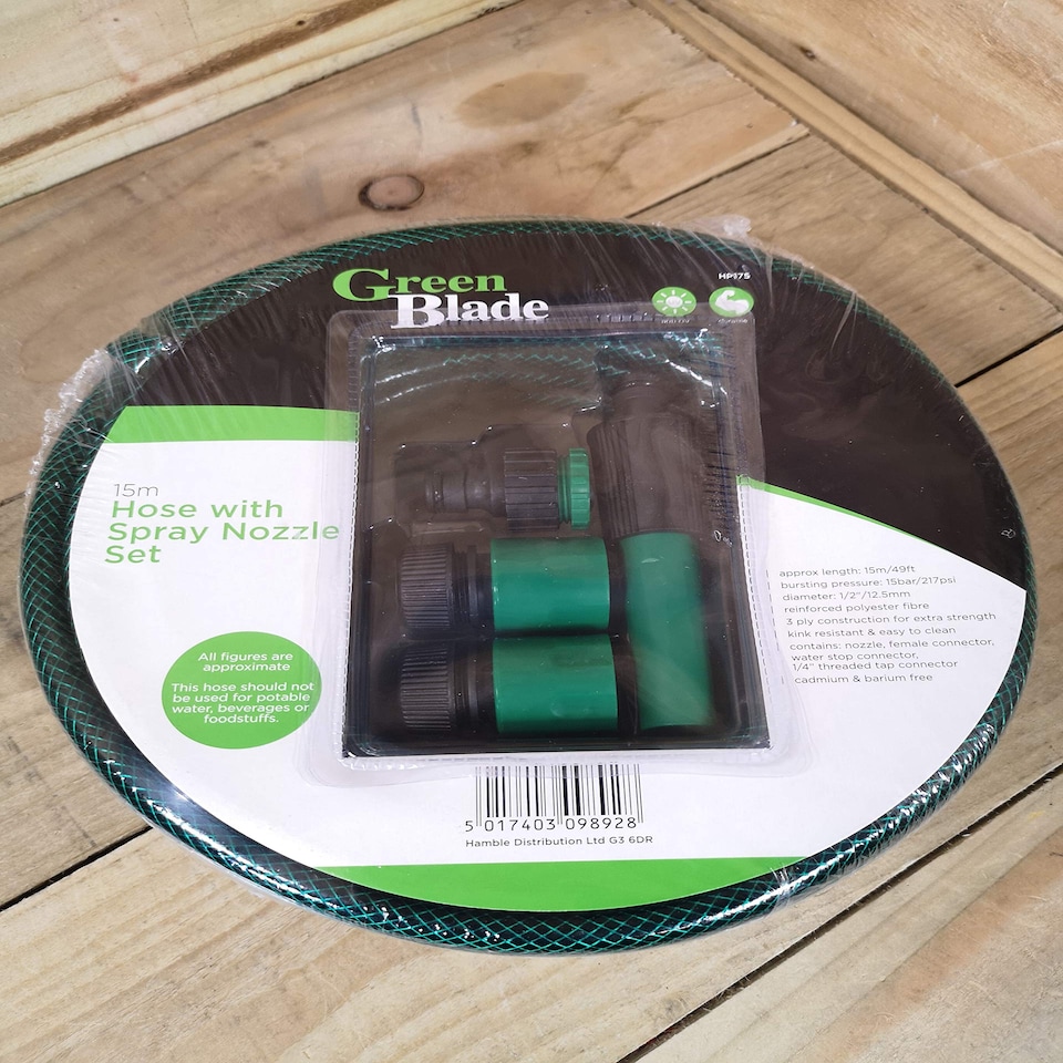 image 1 of 15m Reinforced Garden Hose Pipe / Hosepipe with Spray Nozzle Set in Green | Green | Green