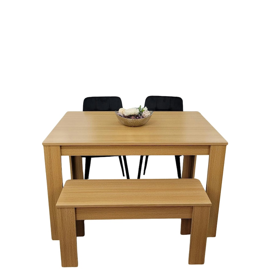 image 1 of Dining Table Set Oak Effect Table With 2 Grey Velvet Dining Chairs And 1 Bench | Grey | One Size | 4