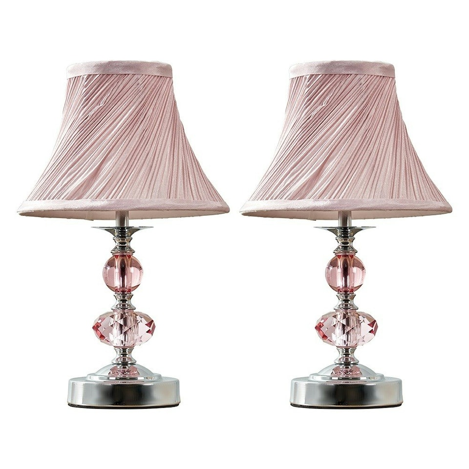 image 1 of ValueLights Pair of - Polished Chrome and Pink Touch Table Lamps with a Pleated Shade - Complete with 5w LED Dimmable Bulbs 3000K Warm White
