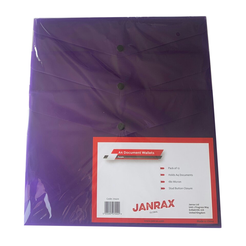 image 1 of Pack of 12 Janrax A4 Purple Document Wallets - Button Stud Folder