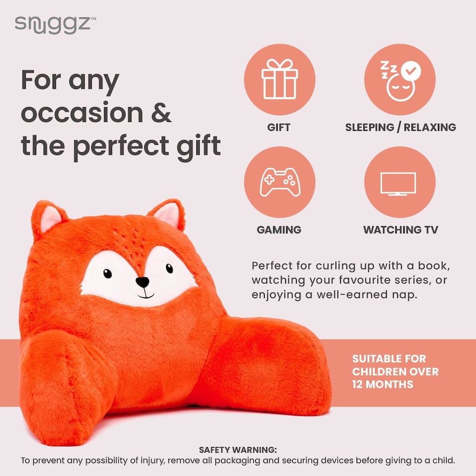 image 1 of Snuggz Fox Cuddle Cushion Reading Pillow with Carry Handle 3D Novelty Design Back Support Soft Cosy Bed Pillow - 60 x 40 x 35 cm