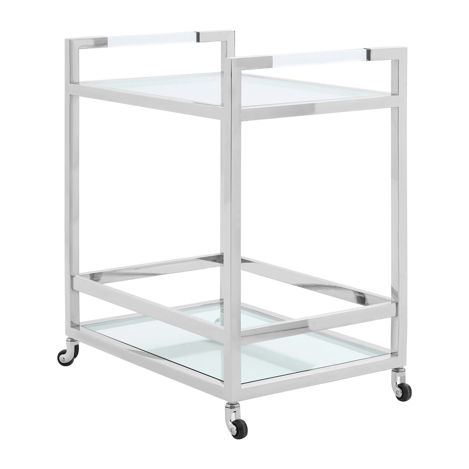image 1 of Interiors by Premier Polished Stainless Steel 2 Tier Drinks Trolley, Clear Tempered Glass Kitchen Bar Cart, Modern Luxe Drinks Silver