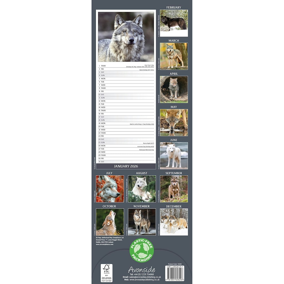 image 1 of Wolves Slim 2026 Calendar | Slimline Wall Calendar | Animal Gift | Plastic Free Packaging | by Avonside Publishing [Calendar] Avonside Publishing Ltd