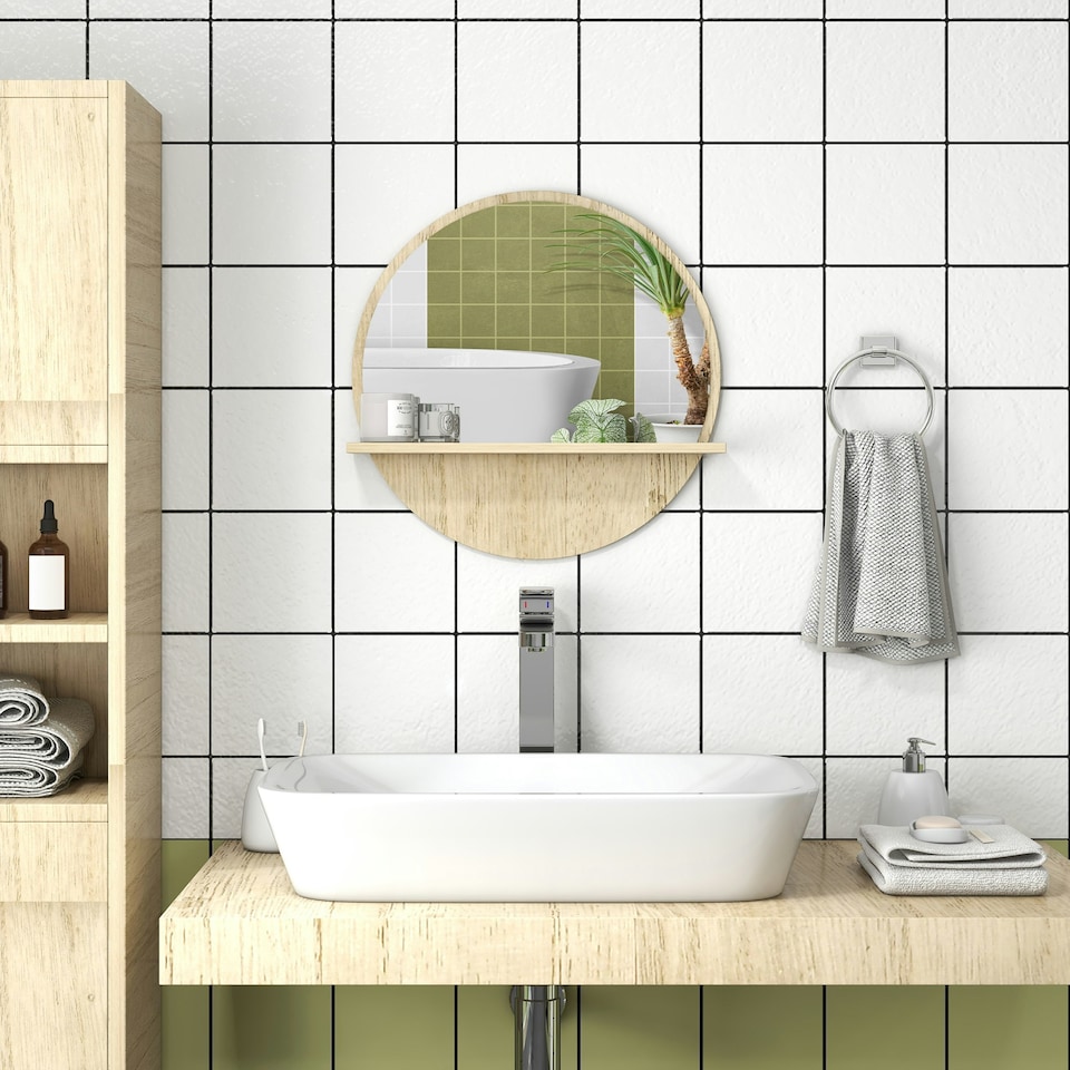 image 1 of kleankin Round Mirror for Wall Makeup Mirror with Shelf Natural Wood Effect