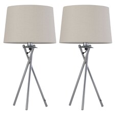Set of 2 Tripod - Chrome Lamps with Natural Linen Shade | Chrome | Brown | Large | 2