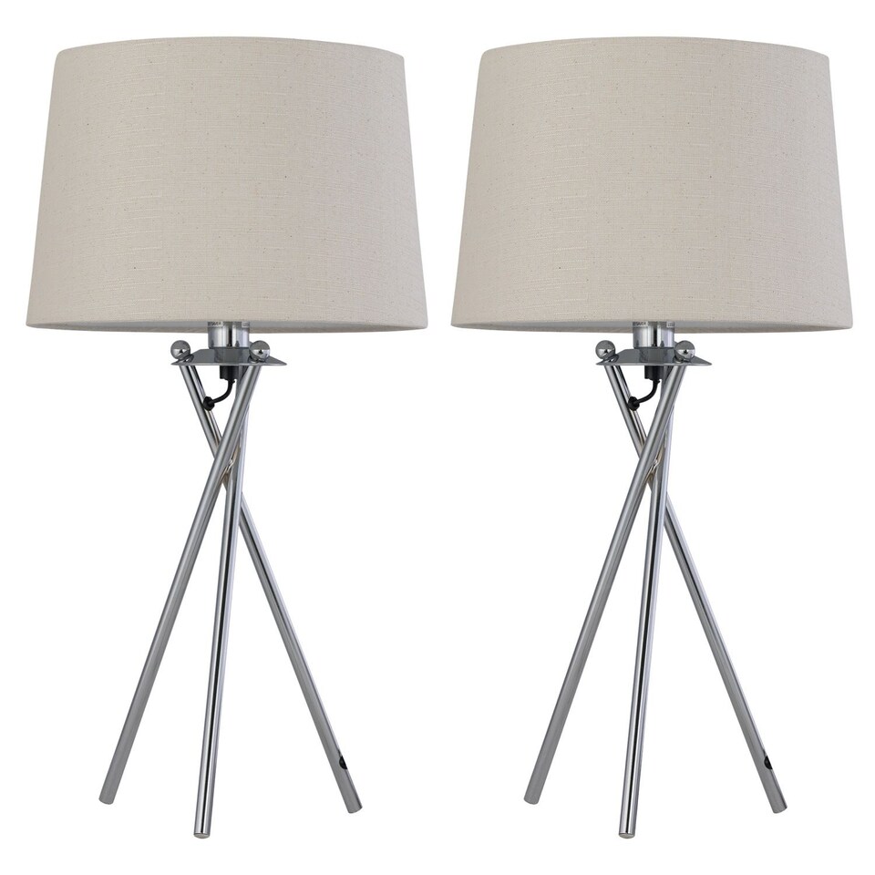 image 1 of Set of 2 Tripod - Chrome Lamps with Natural Linen Shade | Chrome | Brown | Large | 2