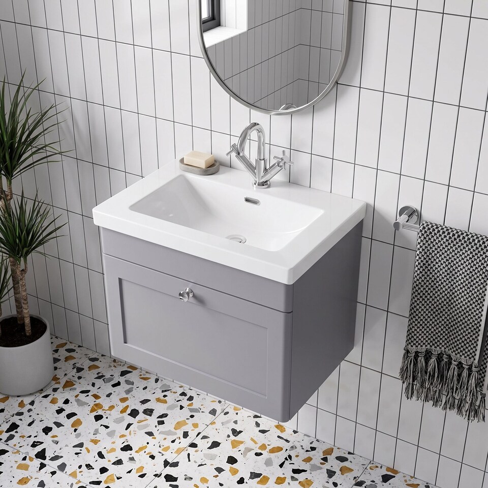 image 1 of Balterley Swynnerton Traditional 1 Drawer Wall Hung Vanity Unit with Fireclay Basin, Satin Grey, 600mm