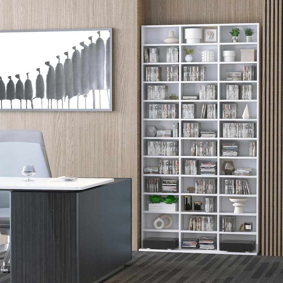 image 1 of HOMCOM CD DVD Media Storage Shelves Display Shelf Racks Wooden Frame White