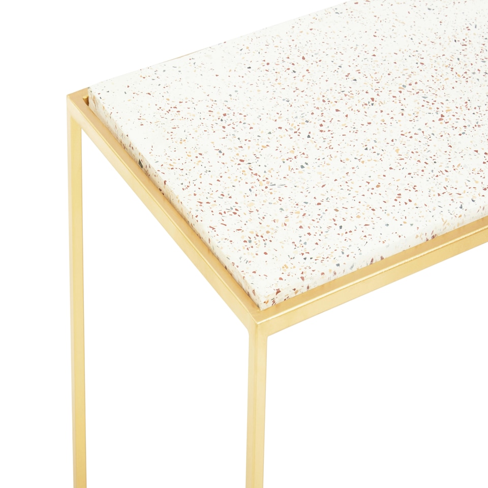 image 1 of Interiors by Premier Gold Finish Console Table, Sleek Gold Iron Frame with White Rectangular Marble Top, Open‑Frame Console Gold