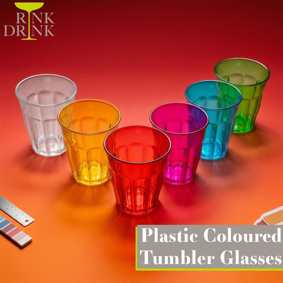 image 1 of Rink Drink Coloured Plastic Tumblers - 250ml - 6 Colours - Pack of 12 | Multi | Multicolour