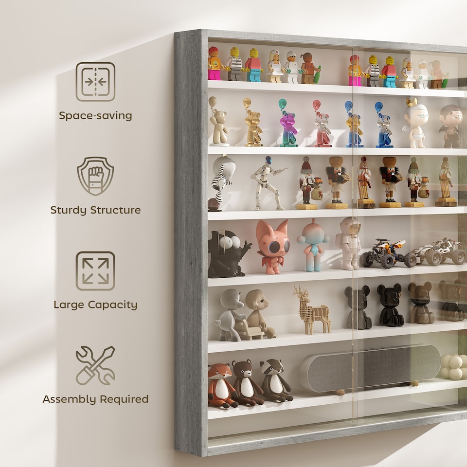 image 1 of HOMCOM 7-Tier Wall Display Cabinet w/ Glass Doors, Graphite Wood Effect