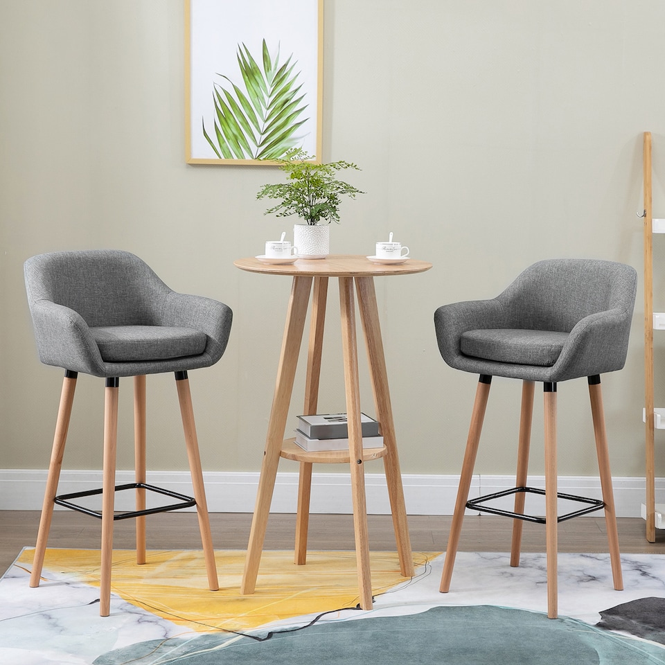 image 1 of HOMCOM Set of 2 Bar Stools Modern Upholstered Seat Bar Chairs with Metal Frame, Solid Wood Legs Living Room Dining Room Fabric Furniture - Grey