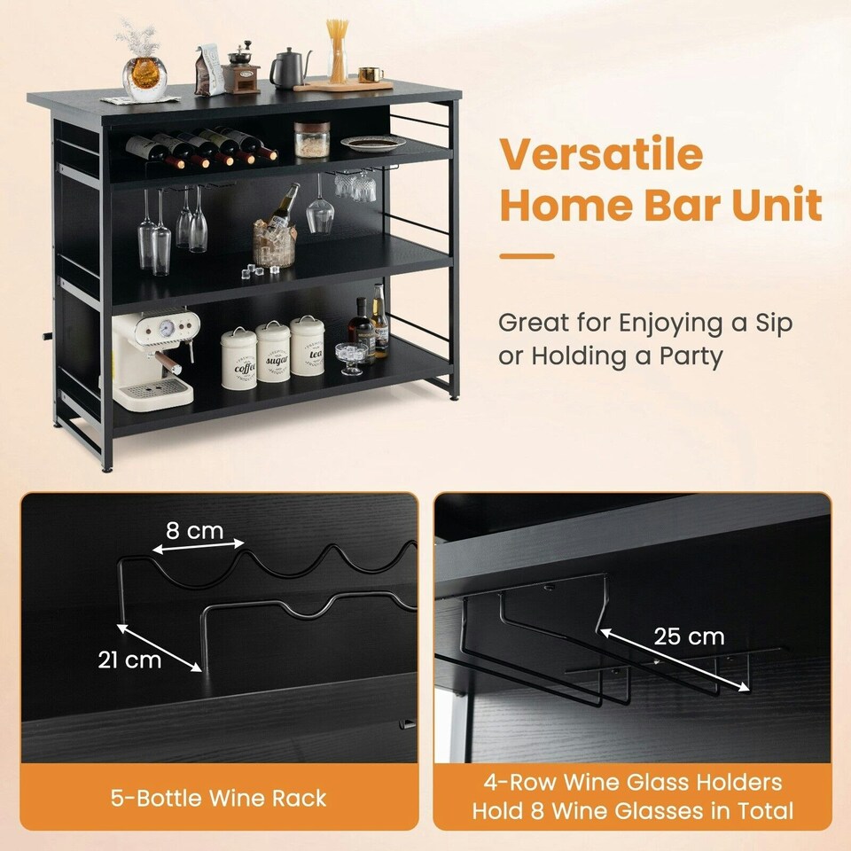 image 1 of COSTWAY Industrial Wine Bar Cabinet Kitchen Storage Sideboard Black Black