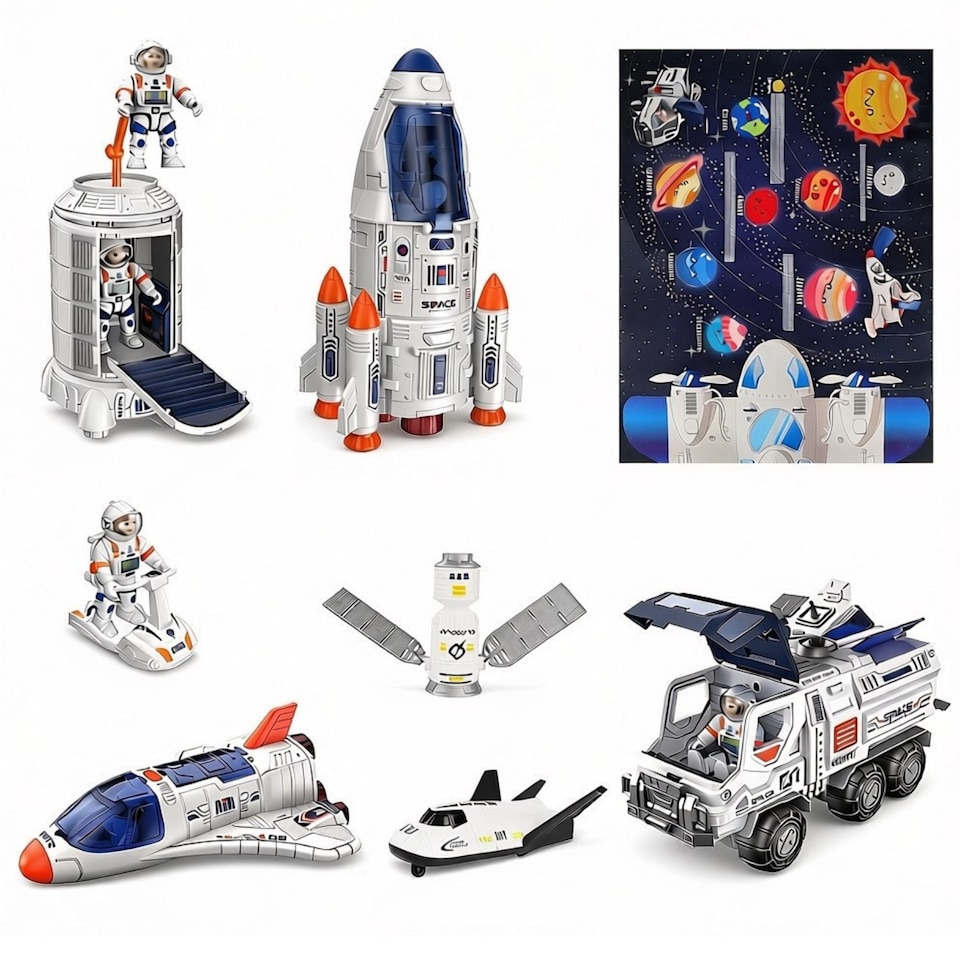 image 1 of Creative Space Adventure Toys for Kids Space Shuttle Rocket Set with Astronauts Rover Satellite and Solar System Mat
