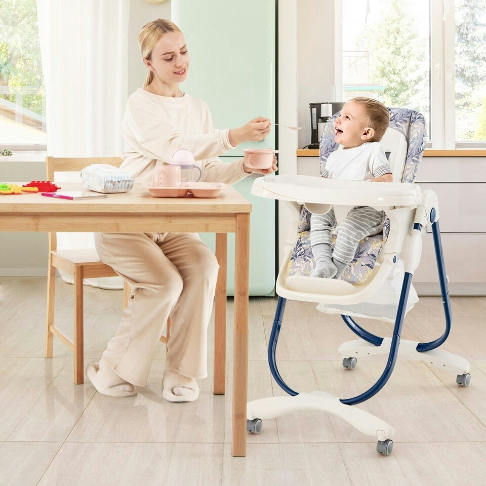 image 1 of COSTWAY Folding Baby High Chair Convertible High Chair Navy