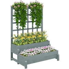 Outsunny 2-Tier Wooden Raised Bed with Trellis and Drainage Holes, Brown 