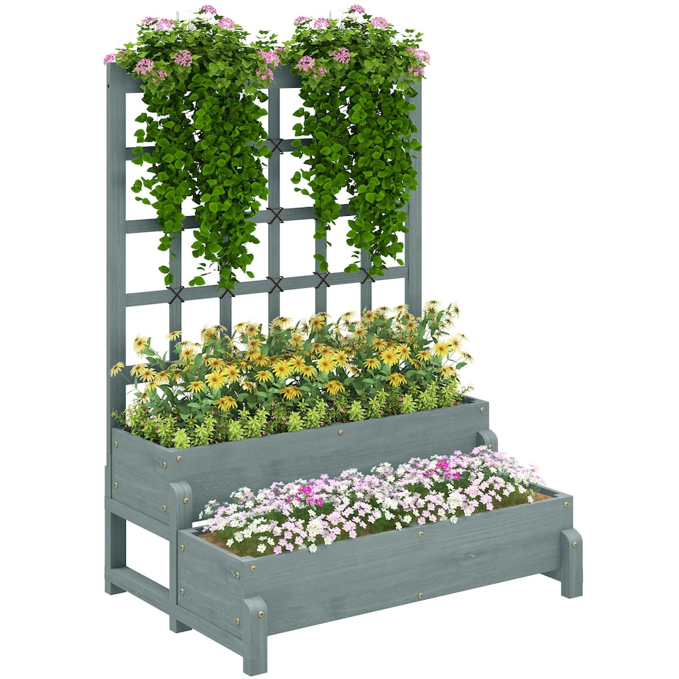 image 1 of Outsunny 2-Tier Wooden Raised Bed with Trellis and Drainage Holes, Brown 
