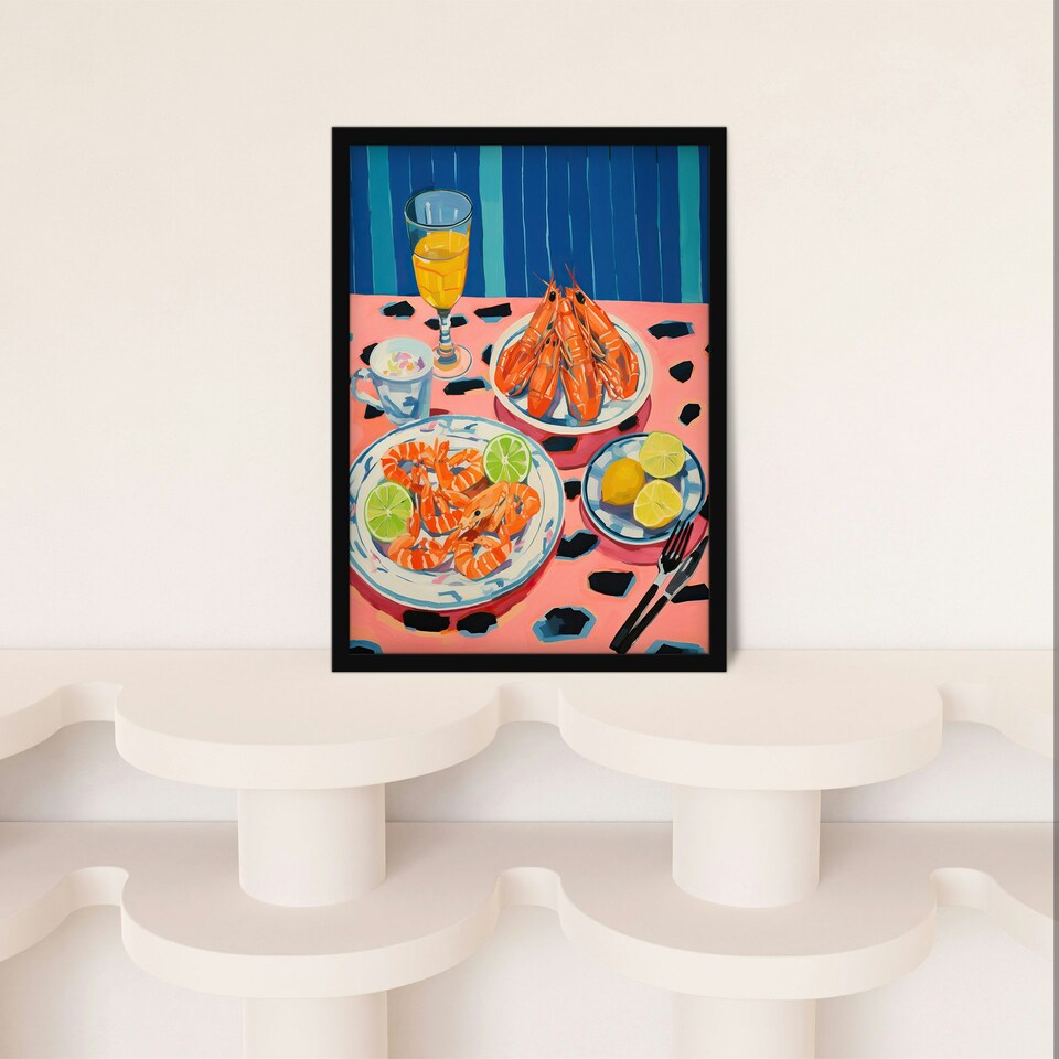 image 1 of Party Shrimp Yellow Pink Kitchen Home Decor Black Framed Wall Art Print A4