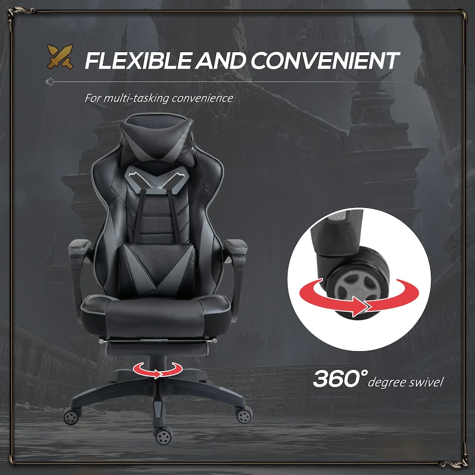 image 1 of Vinsetto Ergonomic Gaming Chair Manual Reclining Chair with Footrest Grey