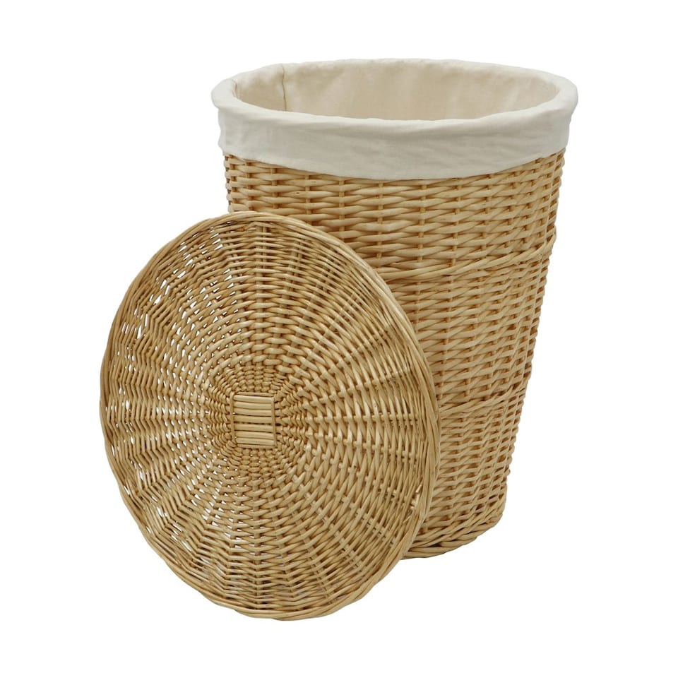 image 1 of JVL Hand Woven Acacia Round Laundry Willow Basket with Lid, Honey Finish Brown