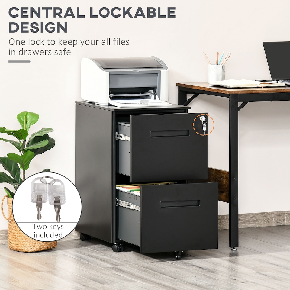 image 1 of Vinsetto Mobile Lockable File Cabinet w/ Adjustable Hanging File Folder Black