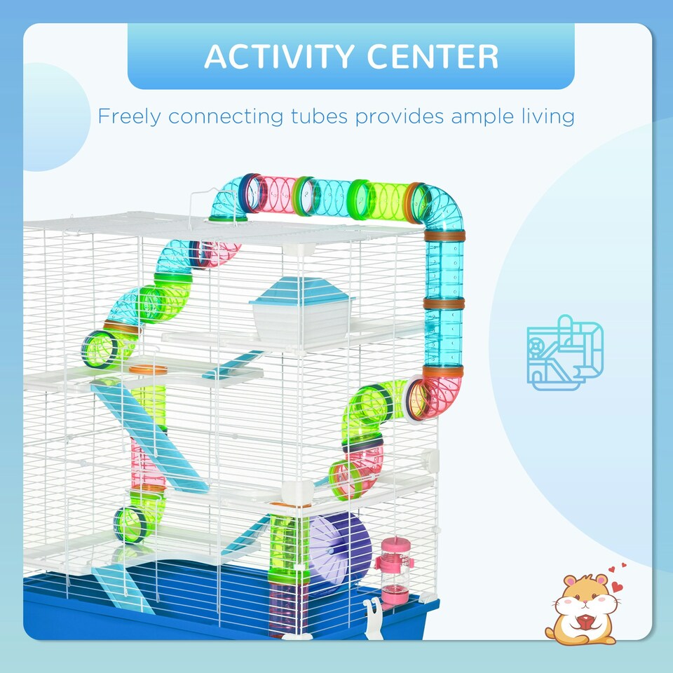 image 1 of PawHut Hamster Cage with Water Bottle, Exercise Wheel, Ramps - Blue
