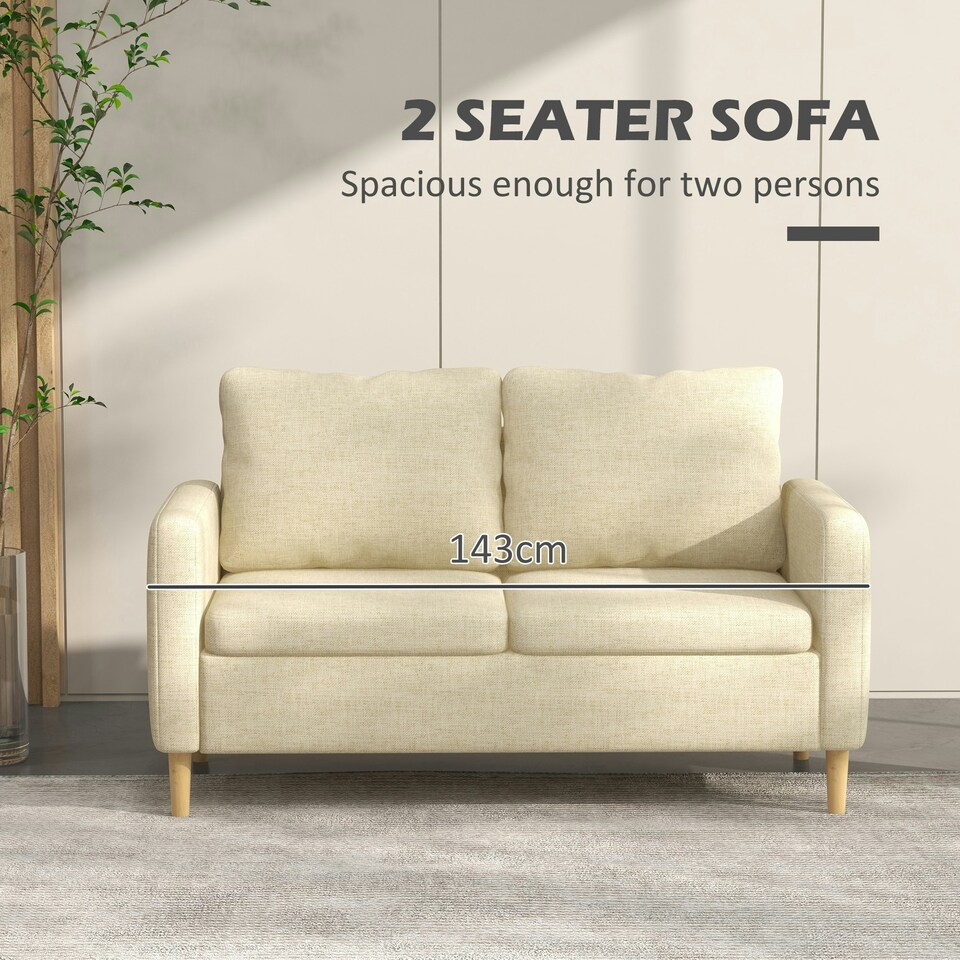image 1 of HOMCOM 2 Seater Sofa Modern Fabric Couch with Wood Legs and 2 Pockets Beige