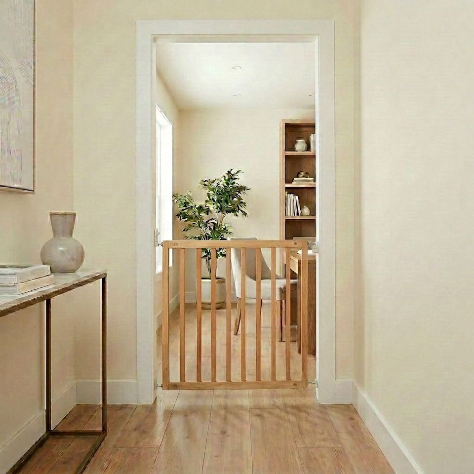 image 1 of Safetots Simply Secure Wooden Gate, 72cm - 79cm, Natural, Wooden Stair Gate, Screw Fit Baby Gate, Safety Barrier