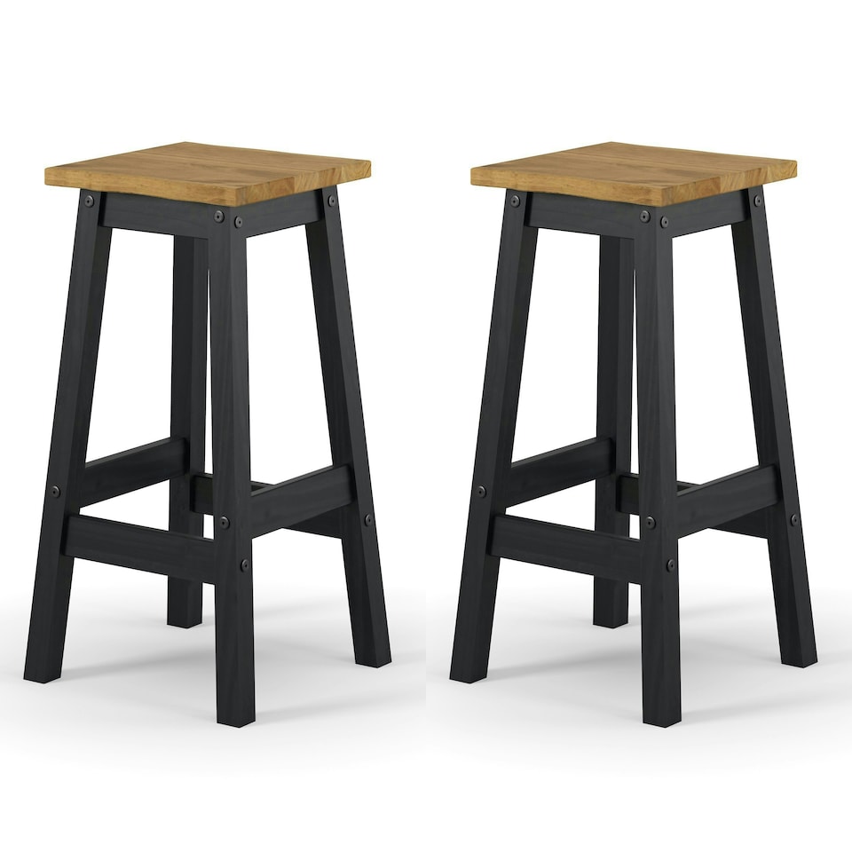 image 1 of Corona Pair of Black Live Edge High Breakfast Stools - Black or Grey Antique Wax Wood for Tall Tables | Black | Black | Regular | 1
