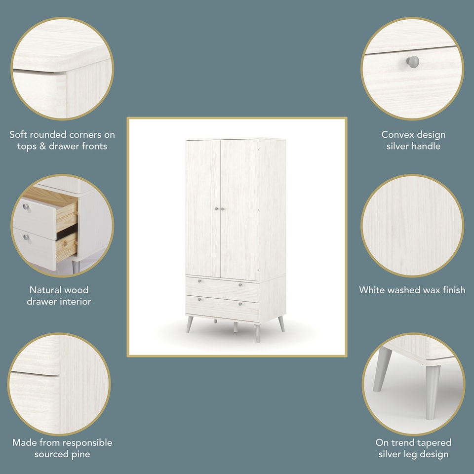 image 1 of Augusta Industrial Style Pine Wardrobe with 2 Doors and 2 Drawers for Bedroom Storage | White | White | One Size | 1