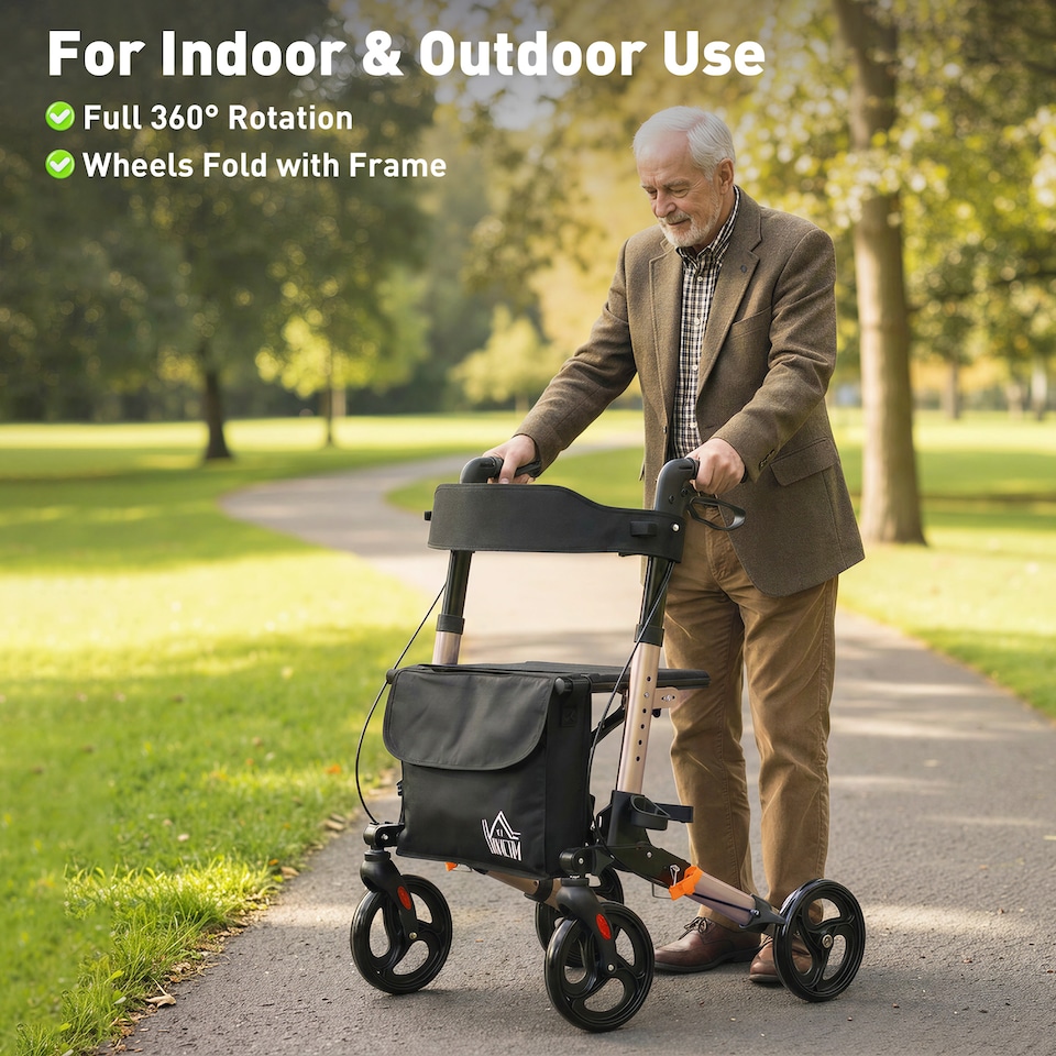 image 1 of HOMCOM 4 Wheel Rollator Walker, Mobility Walker with Bag, Seat, Gold Tone