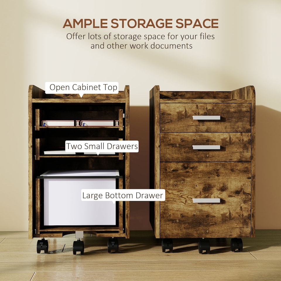image 1 of HOMCOM Mobile Filing Cabinet, File Cabinet with 3 Drawers, Rustic Brown