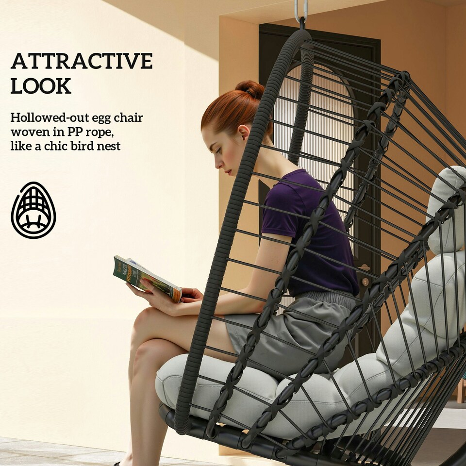 image 1 of Outsunny PE Hanging Swing Chair w/ Thick Cushion, Patio Hanging Chair Black