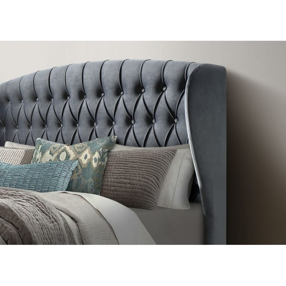 image 1 of 5ft King Size Velvet grey ottoman fabric upholstered buttoned storage gas lift up bed frame. Front lift up underbed storeage bed frame