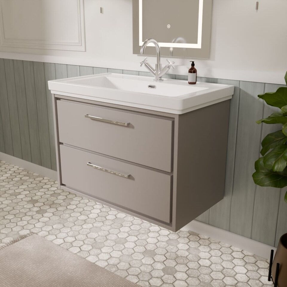 image 1 of Balterley Modern Wall Hung 2-Drawer Bathroom Vanity Unit with Fireclay Basin | Grey | Pebble Grey | 606 x 830 x 471mm