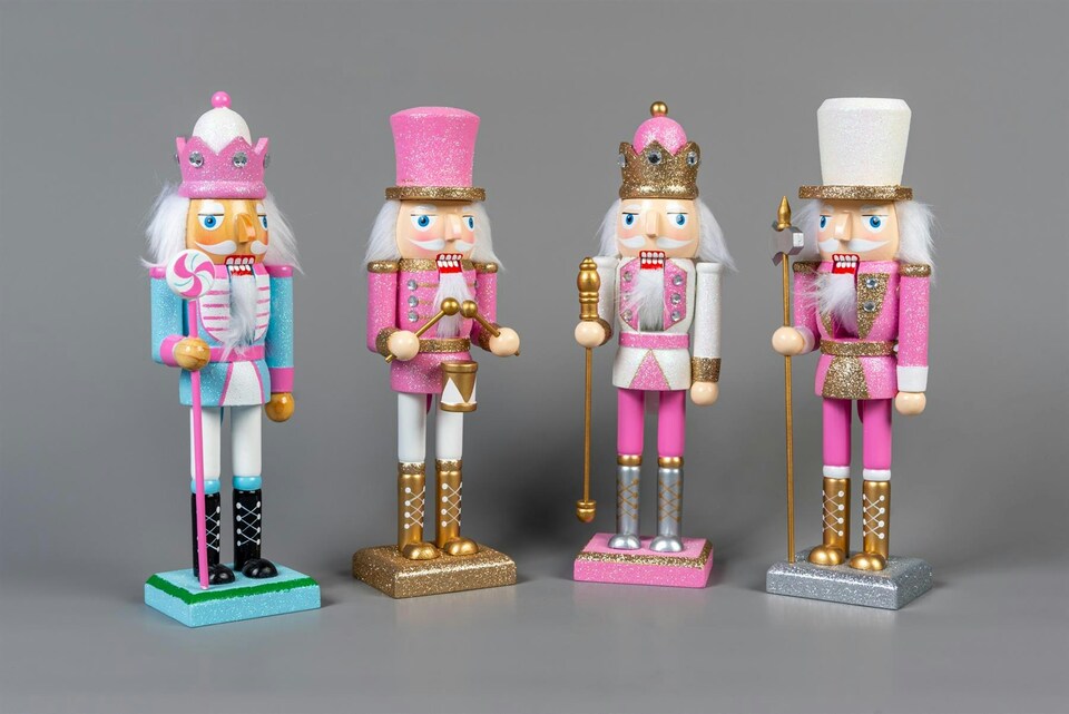 image 1 of 25cm Pink Wooden Nutcrackers Soldiers King Drummer Christmas Ornament 4pcs Set
