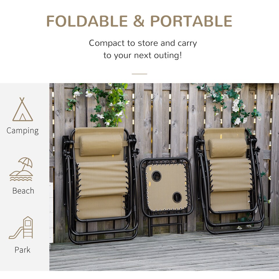 image 1 of Outsunny Folding Zero Gravity Chairs, 3 Pieces Adjustable Sun Lounger and Table Set with Cup Holder and Headrest, Patio Bistro Set with Reclining Garden Chairs for Outdoor, Beige