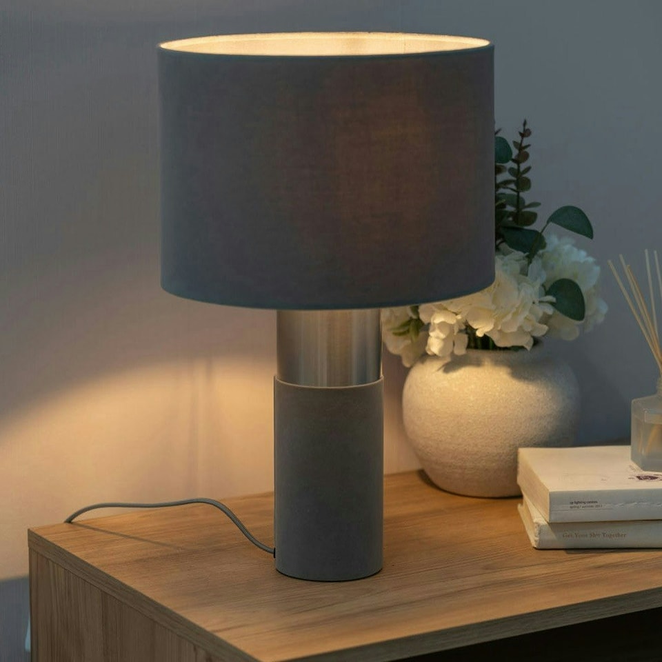 image 1 of ValueLights Alexa Charcoal Grey Velvet and Silver Chrome Bedside Table Lamp with a Drum Lampshade - Bulb Included