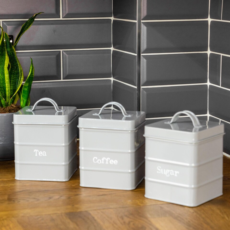 image 1 of Harbour Housewares Vintage Metal Kitchen Tea Coffee Sugar Canisters - Grey