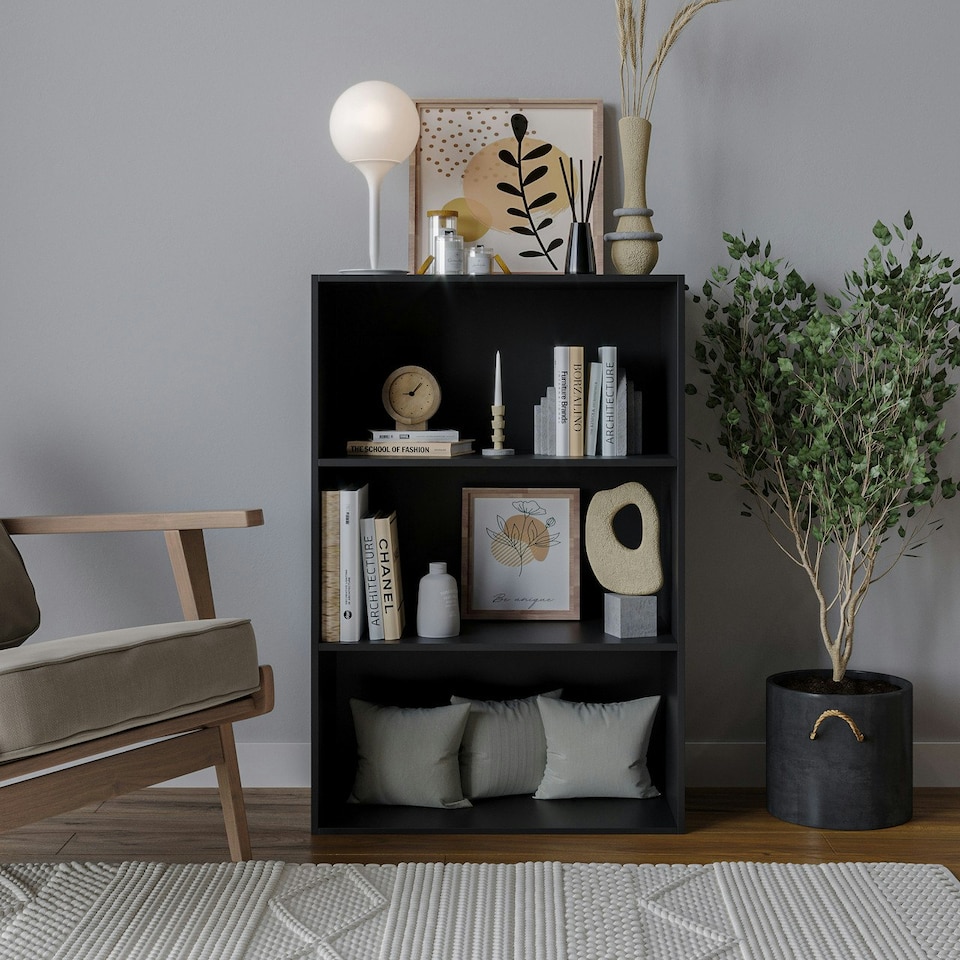 image 1 of 3-Tier Bookcase Shelving Storage Unit- 90x60x29cm Black | Unit Colour: Black