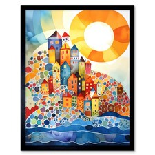Abstract Seascape Sunrise Village Folk Art 12x16" Framed Wall Art Print