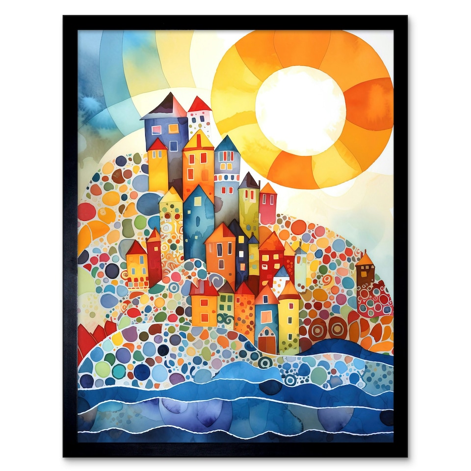 image 1 of Abstract Seascape Sunrise Village Folk Art 12x16" Framed Wall Art Print