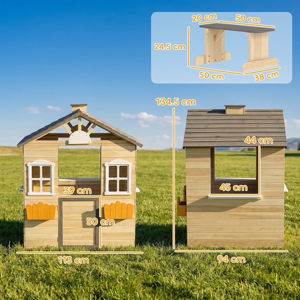 image 1 of Outsunny Wooden Kids Playhouse w/ Door, Windows, Bench, For Ages 3-7 Years