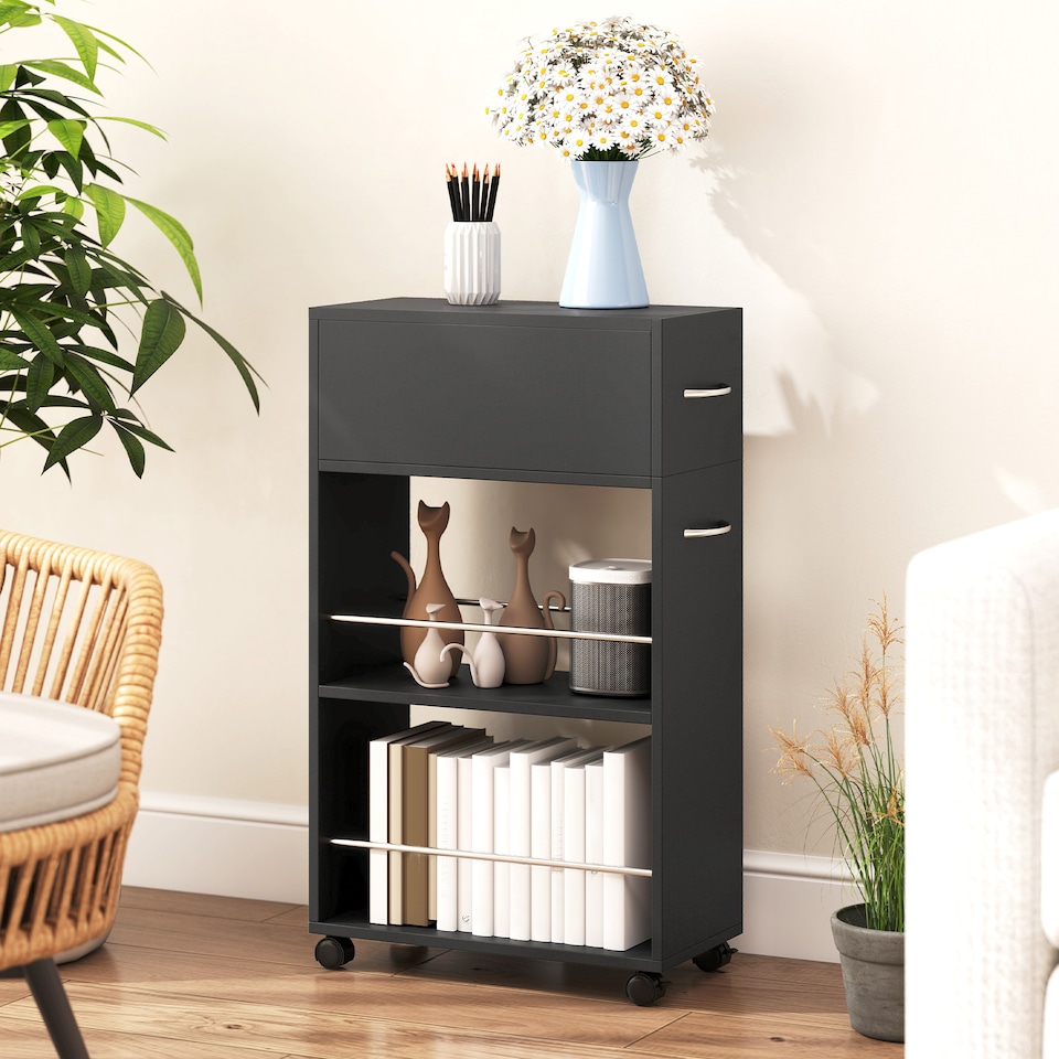 image 1 of HOMCOM Rolling Storage Unit with Drawer Surface Top and 4 Wheels, Black