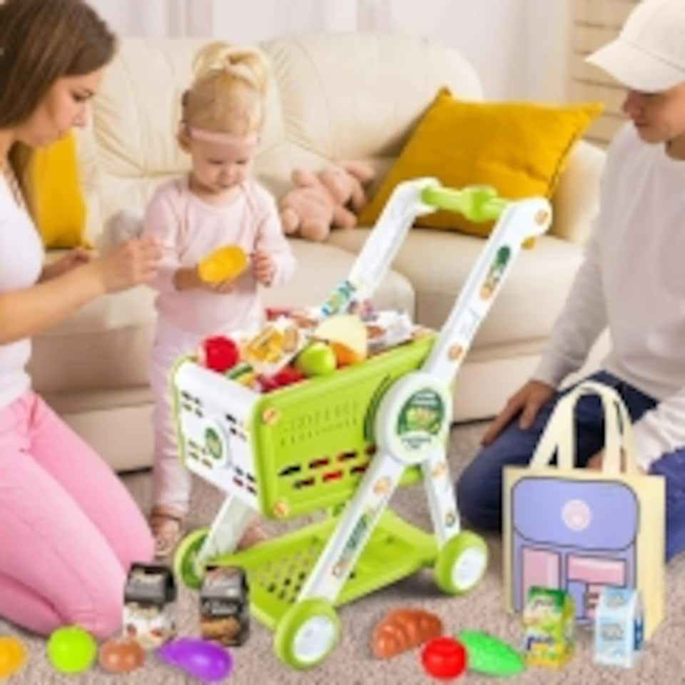 image 1 of Kids Adjustable Height Shopping Cart Trolley Play Set with Pretend Food & Play Money – Green