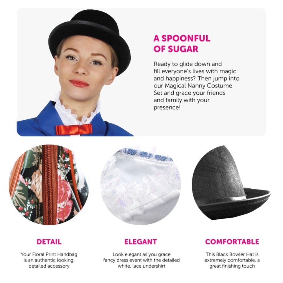 image 1 of Magical Nanny Costume - 58cm Plain Bowler Hat & Floral Bag | Blue | M