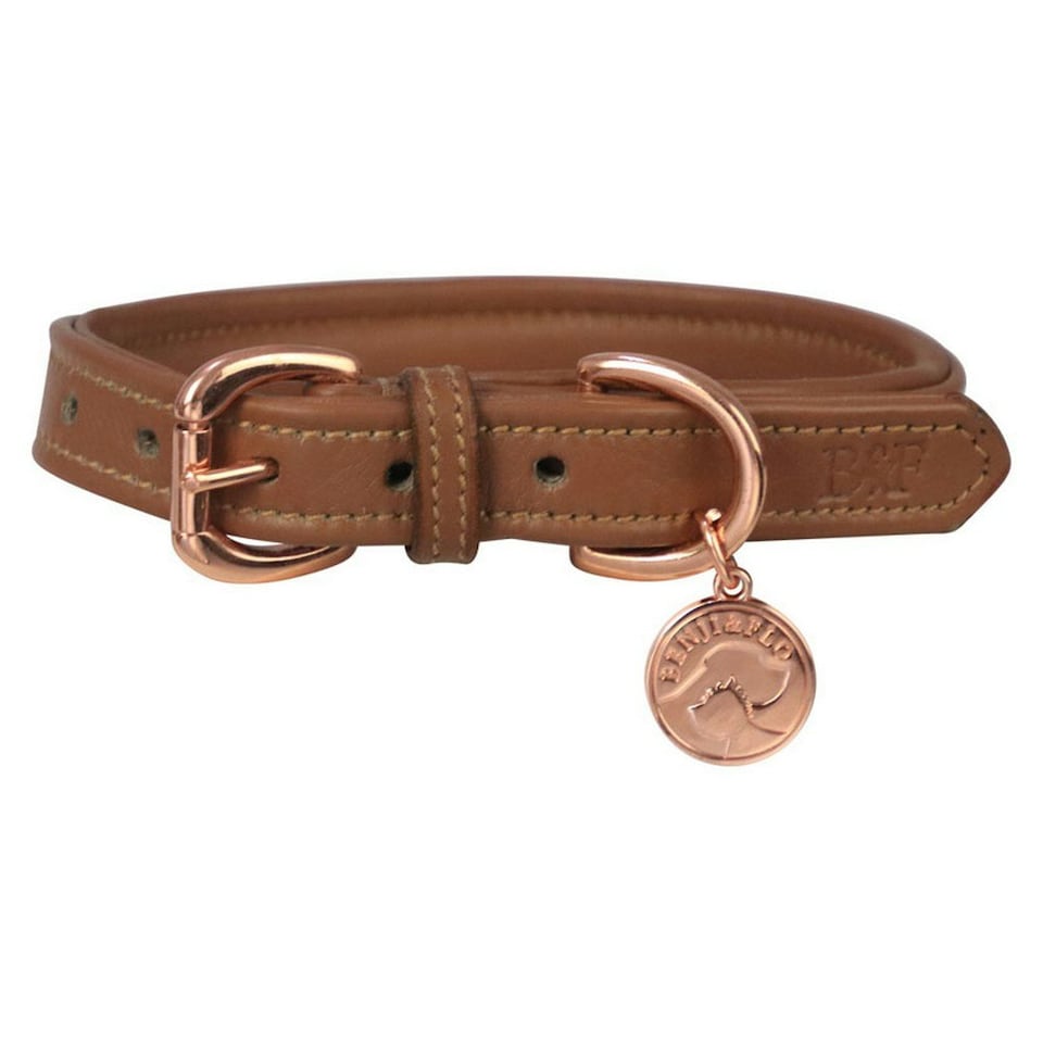 Benji & Flo Deluxe Leather Padded Dog Collar - Tan/Rose Gold - XS- Length: 21cm-34cm