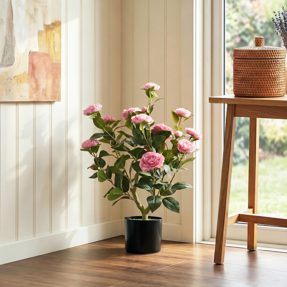 image 1 of HOMCOM 65cm Artificial Camellia Flower Plant with 116 Lush Leaves