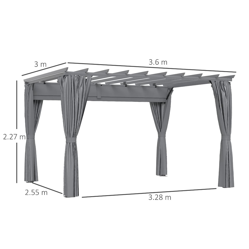 image 1 of Outsunny 3.6 x 3m Outdoor Pergola with Retractable Roof and Curtains, Garden Gazebo Canopy Sun Shade Shelter with Aluminum Frame, Dark Grey