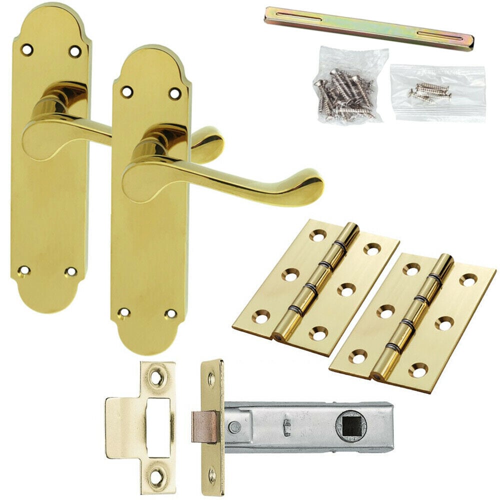 Loops Door Handle & Latch Pack Brass Victorian Upturn Lever Turn Rounded Backplate in Metallics